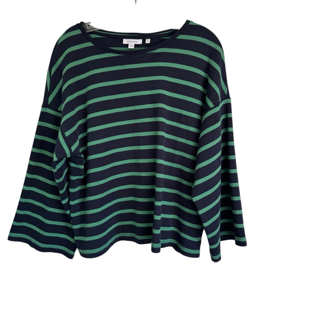 Chico's 100% Cotton Green/Blue Striped Wide-Sleeve Drop-Shoulder T-Shirt 2 (L) - Picture 3 of 11